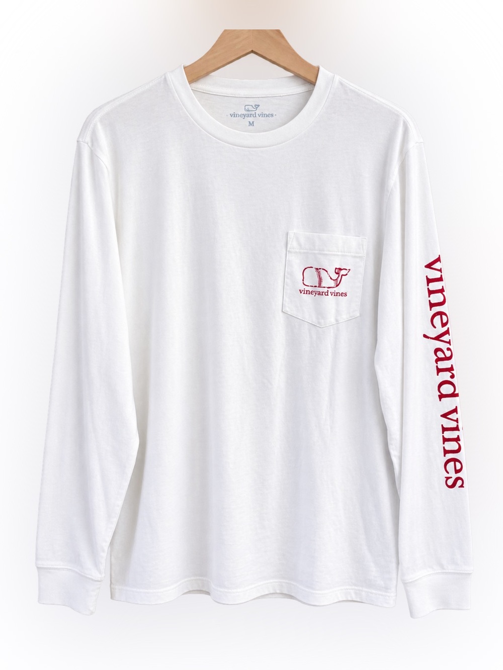 NWOT Vineyard Vines White Long-Sleeve Pocket Tee Red Baseball Logo Script M